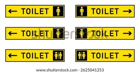 Set of yellow, black and white toilet signs with girl, boy, and unisex icons and directional arrows. Public spaces, airports, malls, and restrooms, wayfinding, or facility layout design vector icons.