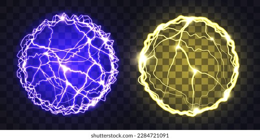 Set of  yellow and blue circle lightning isolated on transparent background. Electric discharge. Flash Light. Realistic lightning glow. Natural phenomenon. Vector illustration.