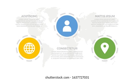 Set of yellow, blue and green elements for infographic with world map presentation slides.