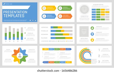 Conjunto de elementos amarillos y azules, verdes y naranjas para diapositivas de plantillas de presentación multipropósito con gráficos y gráficos.