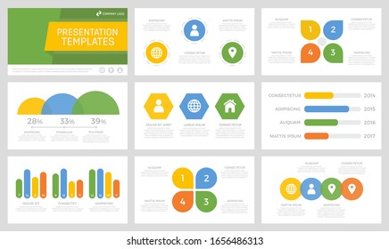 Set of yellow, blue, green and orange elements for multipurpose presentation template slides with graphs and charts.