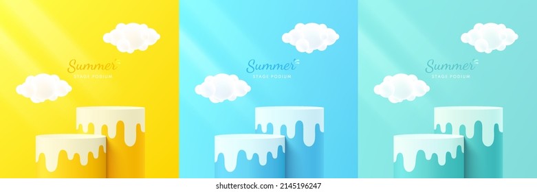 Set of yellow, blue and green realistic 3d cylinder stand podium with cloud in summer concept. Abstract vector rendering geometric forms. Pastel minimal scene. Stage showcase, Mockup product display.