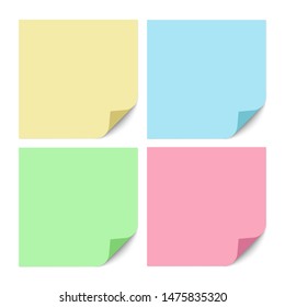 A set of yellow, blue, green and red color square sticky notes with a bent right bottom corner. Vector illustration.