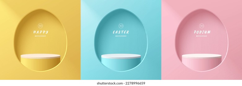 Set of yellow, blue and pink 3D realistic podium background in egg shape window. Happy easter day. Wall minimal scene mockup product stage showcase, Promotion display. Abstract vector geometric forms.