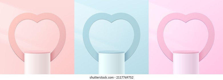 Set of yellow, blue and pink abstract 3D room with white realistic stand or podium. Heart shape. Valentine minimal scene for product display presentation. Vector geometric platform. Stage showcase. 