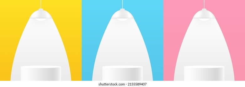 Set of yellow, blue, pink abstract 3d room with white cylinder pedestal podium and hanging lamps. Vector rendering geometric forms. Colorful minimal scene. Stage for showcase, Mockup product display.