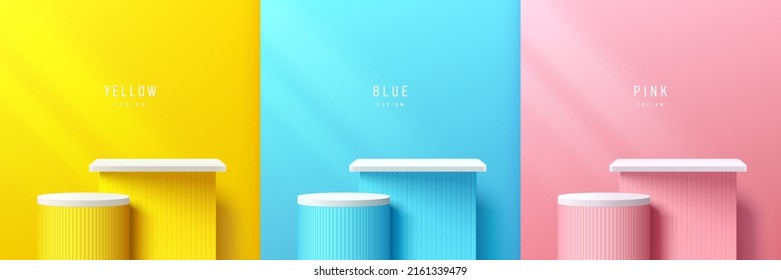 Set of yellow, blue, pink abstract rooms with realistic 3d steps cube and cylinder stand podium. Vector rendering geometric forms. Pastel minimal wall scene. Stage for showcase, Mockup product display