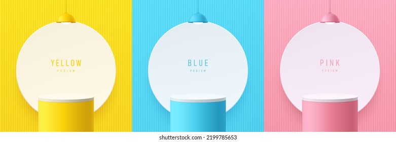 Set of yellow, blue, pink cylinder stand podium with white round circle scene background and hanging lamp. Vector render geometric form. Mockup product display. Abstract minimal scene. Stage showcase.