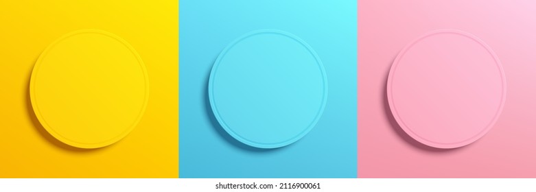 Set of yellow, blue and pink frame design. Abstract 3D circle pedestal or podium pastel color for cosmetic product. Collection of geometric background with copy space. Top view. Vector illustration.