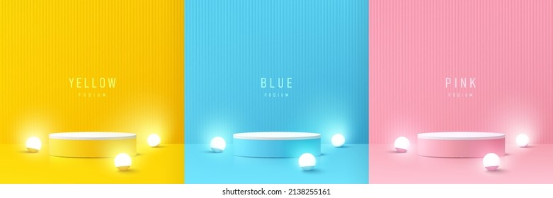 Set of yellow, blue and pink realistic 3d cylinder pedestal podium and illuminate balls neon lamp. Abstract vector rendering for product display presentation. Pastel minimal scene. Stage for showcase. - Shutterstock ID 2138255161