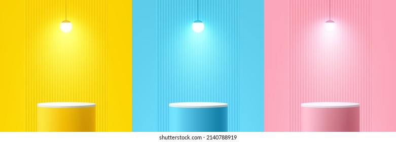 Set Of Yellow, Blue And Pink Realistic 3d Cylinder Stand Podium With Vertical Texture, Ball Neon Lamp. Abstract Vector Rendering Geometric Forms. Pastel Minimal Scene. Stage Showcase, Product Display.