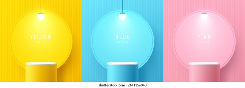 Set of yellow, blue and pink realistic 3d cylinder stand podium with circle backdrop, ball neon lamp. Abstract vector rendering geometric forms. Pastel minimal scene. Stage showcase, Product display.