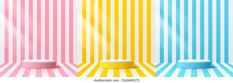 Set of yellow, blue and pink realistic 3d cylinder pedestal podium with white perspective stripes line. Abstract vector rendering geometric forms. Pastel minimal scene. Stage showcase, Product display