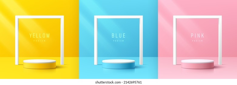 Set of yellow, blue and pink realistic 3d cylinder podium with white square frame background. Abstract vector rendering geometric forms. Pastel minimal scene. Stage showcase, Mockup product display.