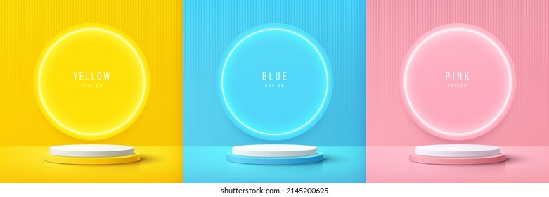Set of yellow, blue and pink realistic 3d cylinder pedestal podium with circle neon lamp background. Abstract vector rendering geometric forms. Minimal scene. Stage showcase, Mockup product display.