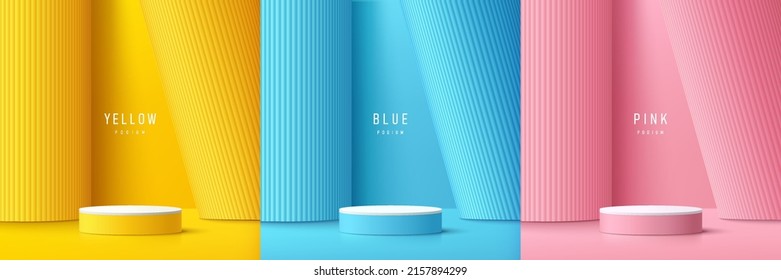 Set of yellow, blue, pink realistic 3D cylinder pedestal podium with vertical pillar background. Abstract vector rendering geometric forms. Mockup product display. Pastel minimal scene. Stage showcase