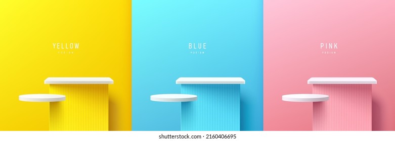 Set of yellow, blue and pink realistic 3d cube stand podium and white pedestal floating on air. Abstract vector rendering geometric forms. Minimal wall scene. Stage showcase, Mockup product display.