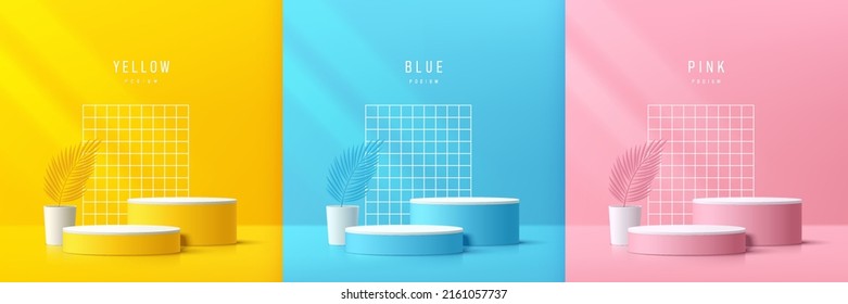 Set of yellow, blue and pink realistic 3D cylinder podium with leaf and white background. Abstract vector rendering geometric forms. Mockup product display. Pastel minimal scene. Stage for showcase.