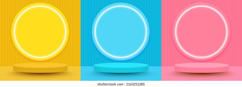 Set of yellow, blue and pink realistic 3d cylinder pedestal podium with circle neon lamp background. Abstract vector rendering geometric forms. Minimal scene. Stage showcase, Mockup product display. 