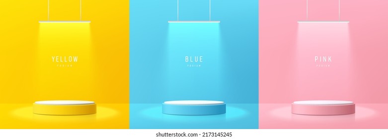 Set of yellow, blue and pink realistic 3d cylinder pedestal podium with glowing hanging lamps neon. Abstract vector rendering geometric forms. Pastel minimal scene. Stage showcase, Product display.