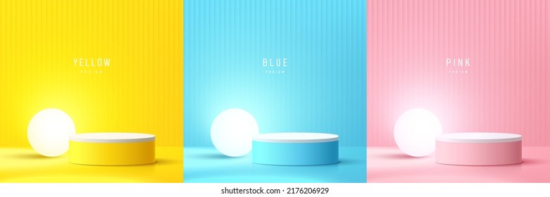 Juego de podio peatonal de cilindro 3d amarillo, azul, rosa realista con bolas de esfera de neón brillante. Resumen de formas geométricas de representación vectorial. Escena mínima de Pastel. Muestra de escenario, Pantalla de producto.