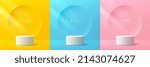 Set of yellow, blue, pink and white realistic cylinder mockup podium with circle background in pastel color. Abstract vector rendering 3d geometric forms. Pedestal product display. Minimal wall scene.