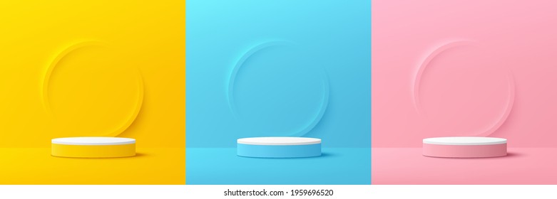 Set of yellow, blue, pink, white cylinder pedestal podium. Emboss ring shape with pastel color backdrop. Abstract vector rendering 3d shape. Cosmetic product display presentation. Minimal wall scene. - Shutterstock ID 1959696520