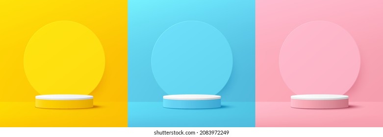 Set of yellow, blue, pink, white realistic 3d cylinder pedestal podium with pastel circle backdrop. Abstract vector rendering geometric platform. Product display presentation. Minimal wall scene.