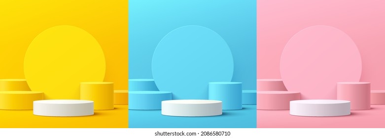 Set Of Yellow, Blue, Pink, White Realistic 3d Cylinder Pedestal Podium Group With Circle Backdrop. Abstract Vector Rendering Geometric Platform. Product Display Presentation. Pastel Minimal Scene.