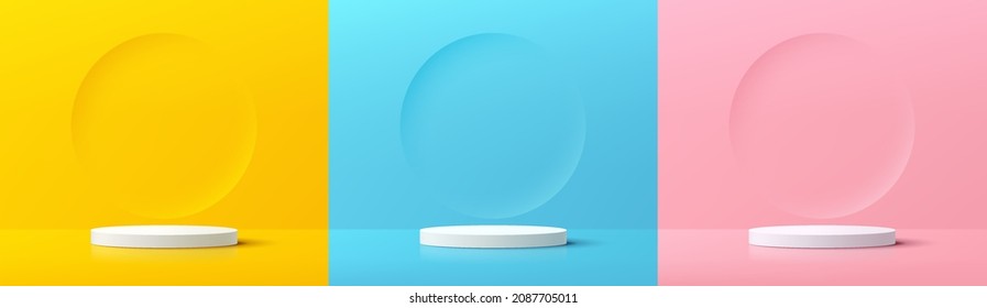 Set of yellow, blue, pink and white realistic cylinder pedestal podium with emboss circle backdrop in pastel color. Abstract vector rendering 3d shape. Product display presentation. Minimal scene.