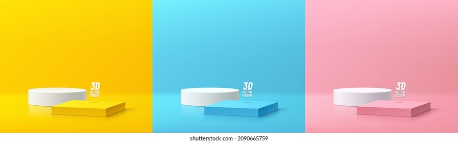 Set of yellow, blue, pink and white realistic geometric pedestal podium group in pastel colorful abstract room. Vector rendering 3d shape. Cylinder and cube stage for product display. Minimal scene.