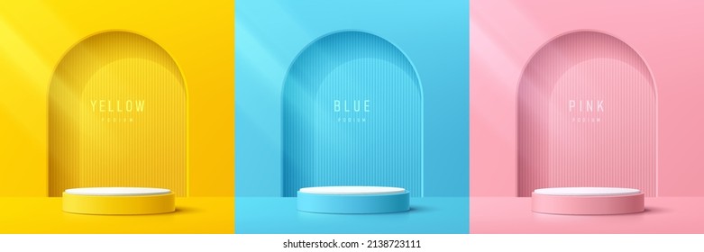 Set of yellow, blue, pink and white cylinder pedestal podium. Vertical texture in arch window background. Abstract vector rendering 3d shape. Pastel minimal scene for product display, Stage showcase