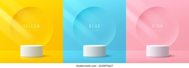 Set of yellow, blue, pink and white realistic cylinder mockup podium with circle background in pastel color. Abstract vector rendering 3d geometric forms. Pedestal product display. Minimal wall scene.