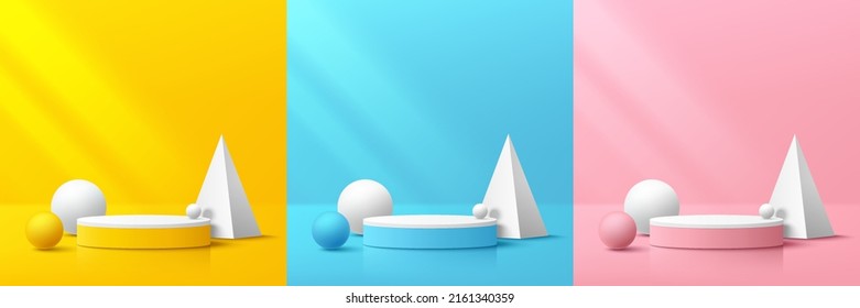 Set of yellow, blue, pink, white realistic cylinder pedestal podium with geometric forms background. Abstract vector rendering 3d shape. Mockup product display. Minimal wall scene. Stage for showcase.