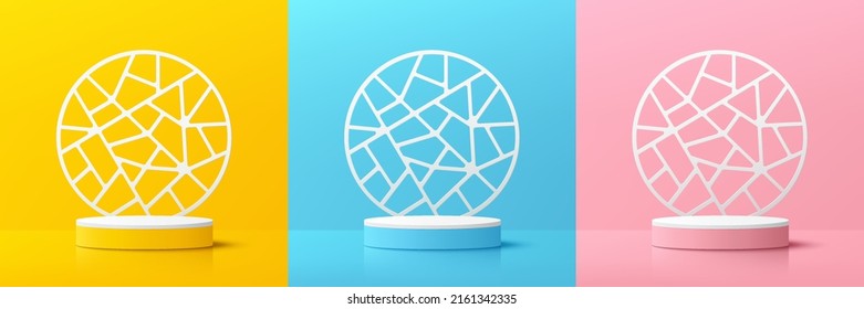 Set of yellow, blue, pink, white realistic 3D cylinder pedestal podium with white lines overlap in circle background. Abstract vector rendering. Mockup product display. Minimal scene. Stage showcase.