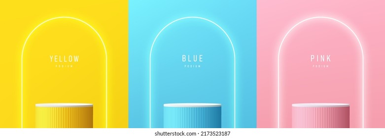 Set of yellow, blue, pink, white realistic 3d cylinder stand podium with glowing neon in arch shape. Abstract vector rendering geometric forms. Minimal scene. Stage showcase, Mockup product display.