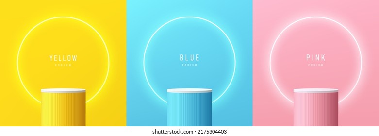 Set of yellow, blue, pink, white realistic 3d cylinder stand podium with glowing neon in circle shape. Abstract vector rendering geometric forms. Minimal scene. Stage showcase, Mockup product display.