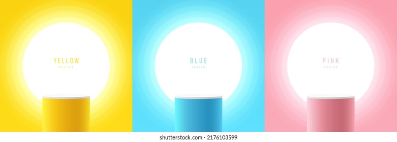 Set of yellow, blue, pink, white realistic 3d cylinder stand podium with glowing neon light circle scene. Abstract vector geometric forms. Minimal wall scene. Stage showcase, Mockup product display.