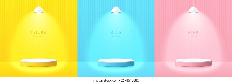 Set of yellow, blue, pink, white realistic 3d cylinder pedestal podium with glowing hanging lamps neon. Abstract minimal scene. Vector rendering geometric forms. Round stage showcase, Product display.