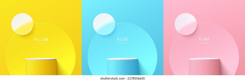 Set of yellow, blue, pink, white realistic 3d cylinder stand podium with circles overlap background. Abstract vector rendering geometric forms. Minimal scene. Stage showcase, Mockup product display.