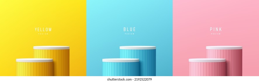 Set of yellow, blue, pink, white realistic 3d steps cylinder stand podium in pastel scene background. Abstract vector rendering geometric forms. Minimal scene. Stage showcase, Mockup product display.