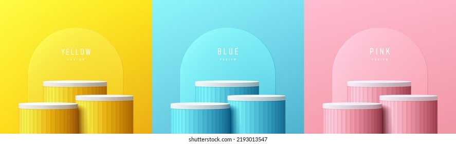 Set of yellow, blue, pink, white realistic 3d steps cylinder stand podium with arch shape background. Abstract vector rendering geometric forms. Minimal scene. Stage showcase, Mockup product display.