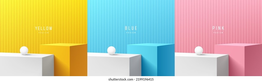 Set of yellow, blue, pink, white realistic 3d steps cube box stand podium with line pattern background. Abstract vector rendering geometric form. Minimal scene. Stage showcase, Mockup product display.