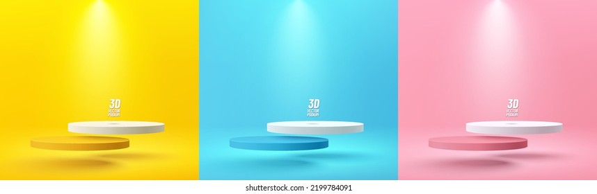 Set of yellow, blue, pink, white realistic 3d cylinder steps pedestal podium floating on air. Abstract background vector render geometric forms. Minimal scene. Stage showcase, Mockup product display.