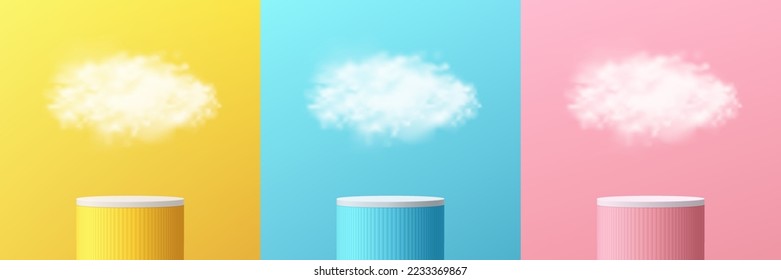 Set of yellow, blue, pink, white realistic 3d cylinder stand podium with white clouds flying background. Abstract vector geometric forms. Minimal wall scene. Stage showcase, Mockup product display.