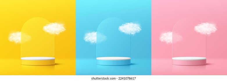 Set of yellow, blue, pink, white 3dcylinder pedestal podium. arch shape background with white cloud flying. Abstract vector rendering. Cosmetic mockup product display presentation. Minimal wall scene.