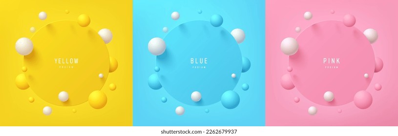 Set of yellow, blue, pink, white 3d circle pedestal podium in top view background. bouncing white and colorful ball scene. Minimal mockup product display. Abstract geometric platforms. Stage showcase.