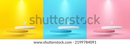 Set of yellow, blue, pink, white realistic 3d cylinder steps pedestal podium floating on air. Abstract background vector render geometric forms. Minimal scene. Stage showcase, Mockup product display.