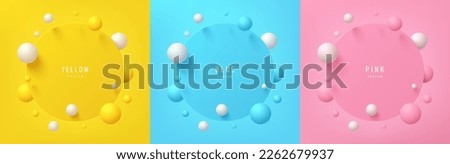 Set of yellow, blue, pink, white 3d circle pedestal podium in top view background. bouncing white and colorful ball scene. Minimal mockup product display. Abstract geometric platforms. Stage showcase.