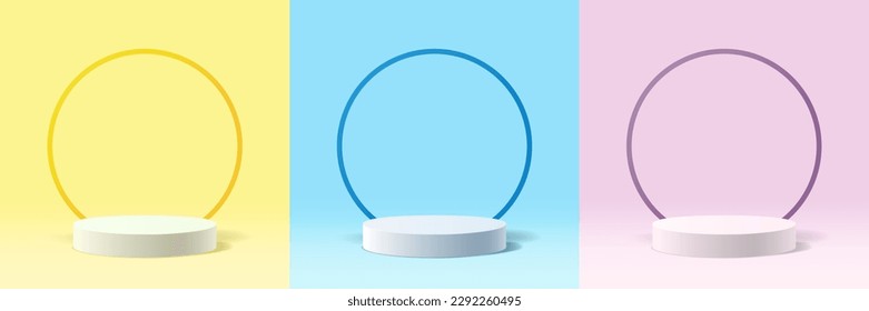 Set of yellow, blue and purple abstract 3D for products showcase background, White cylinder stand for displaying products with minimal geometric shape scene, Vector illustration